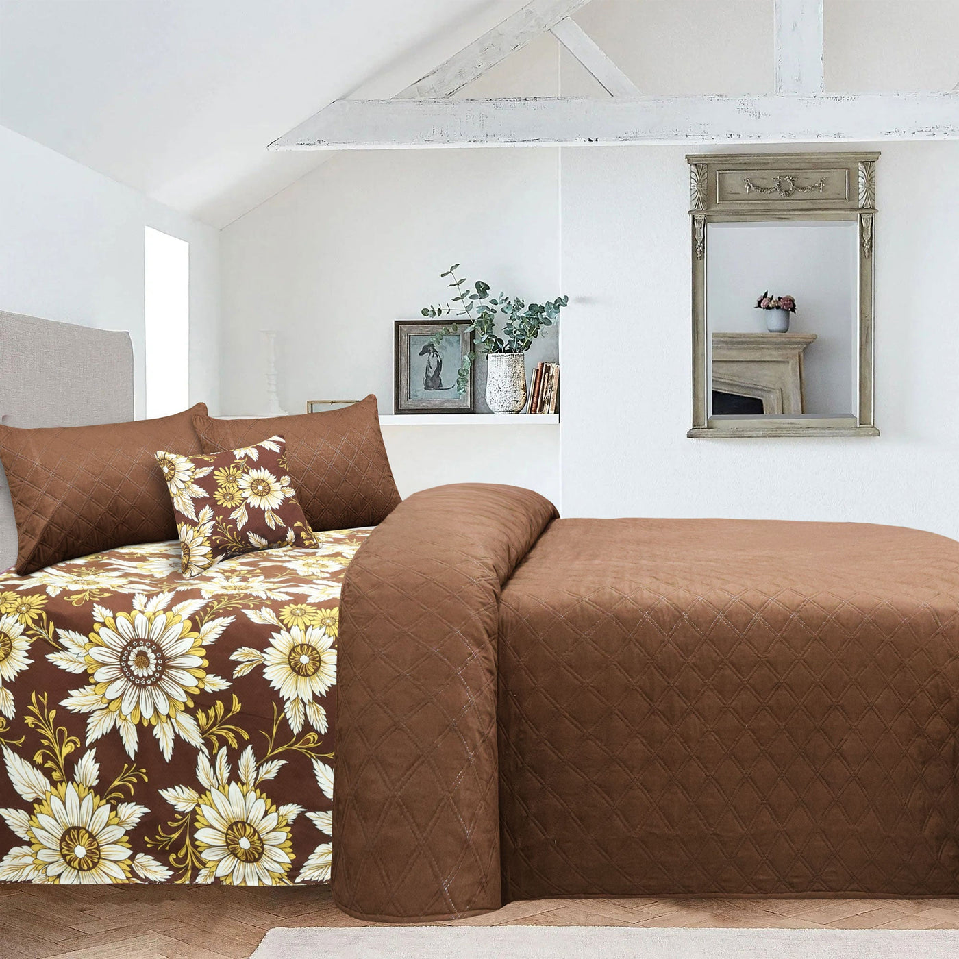 Brown 5 Pieces Microfiber Bedspread