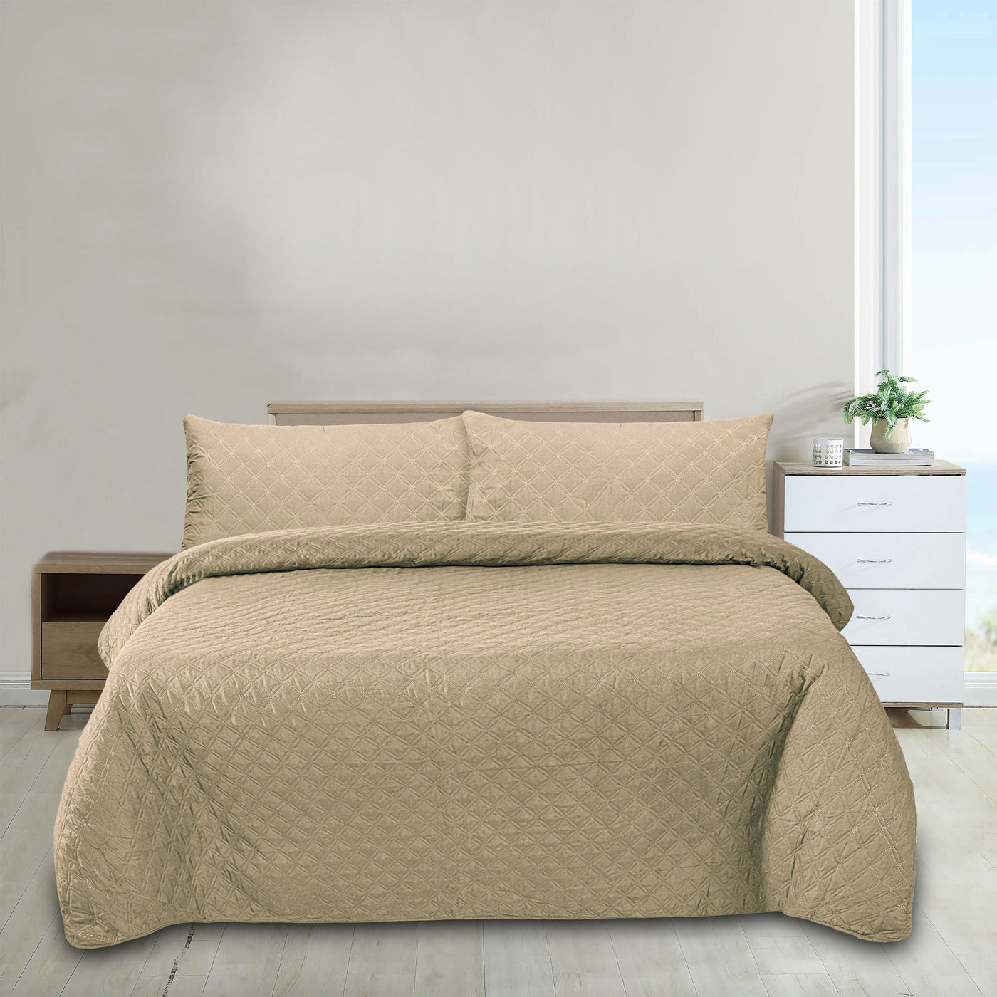 Beige Microfiber 3pcs Plain Dyed Bedspread set