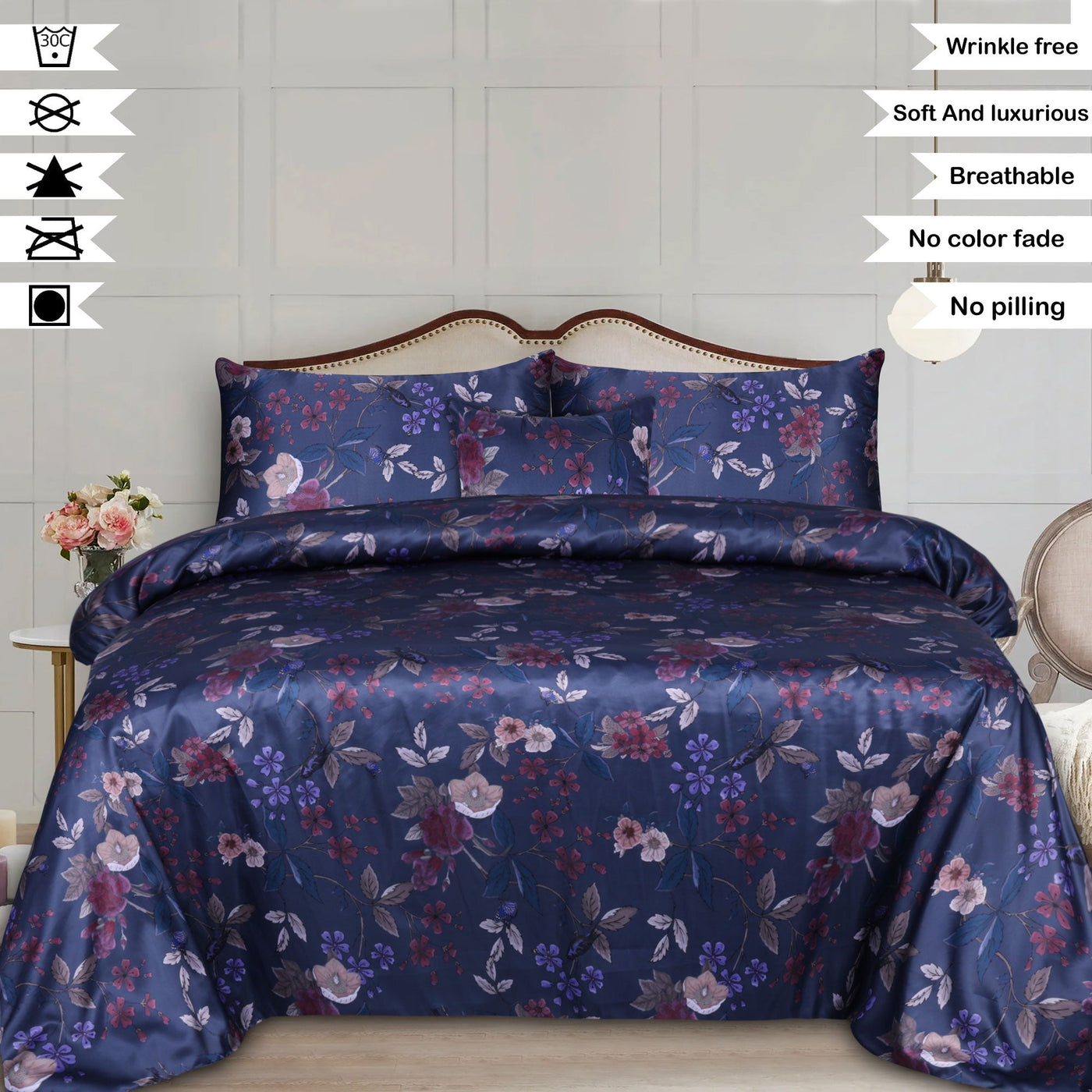 Blue Floral Sateen Silk Digital Printed Flat Sheet Set