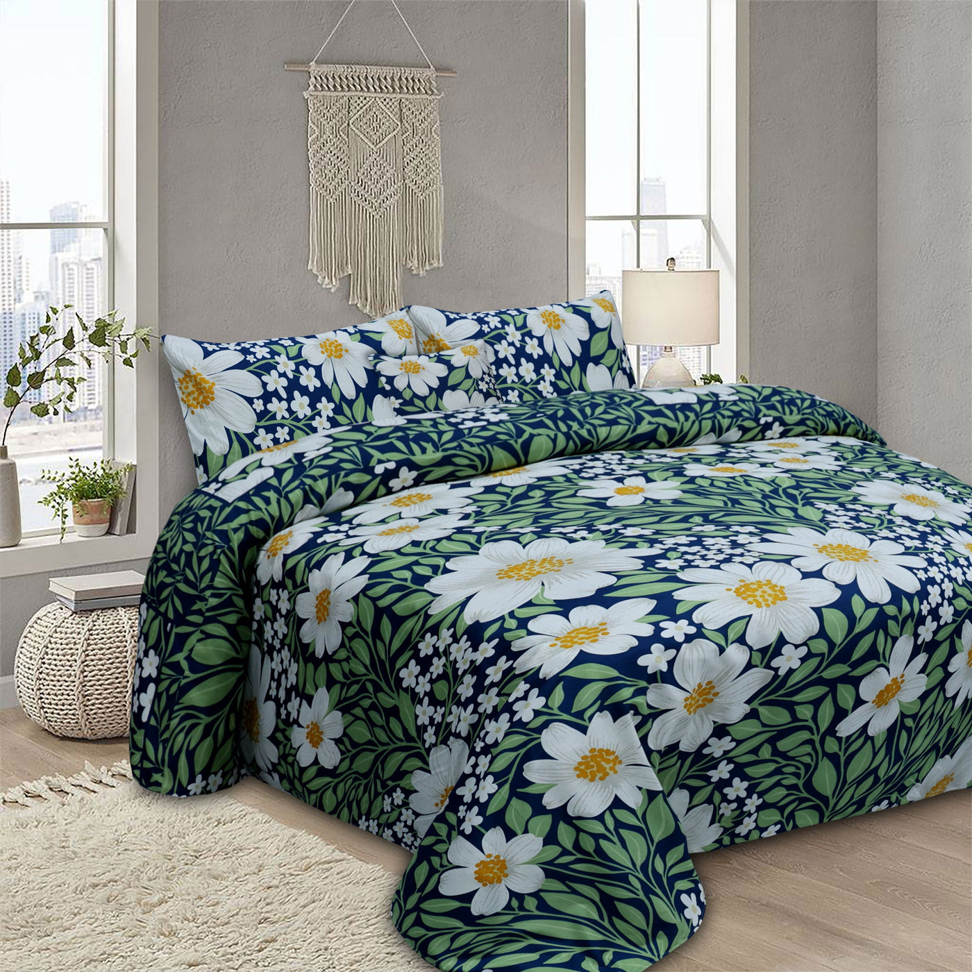 Green Leaves Microfiber Printed Flat Sheet Set