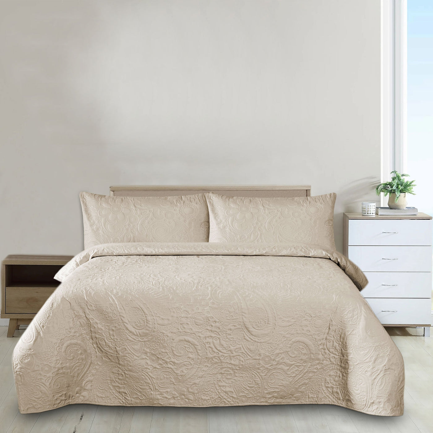 Beige Microfiber 3pcs Plain Dyed Bedspread set