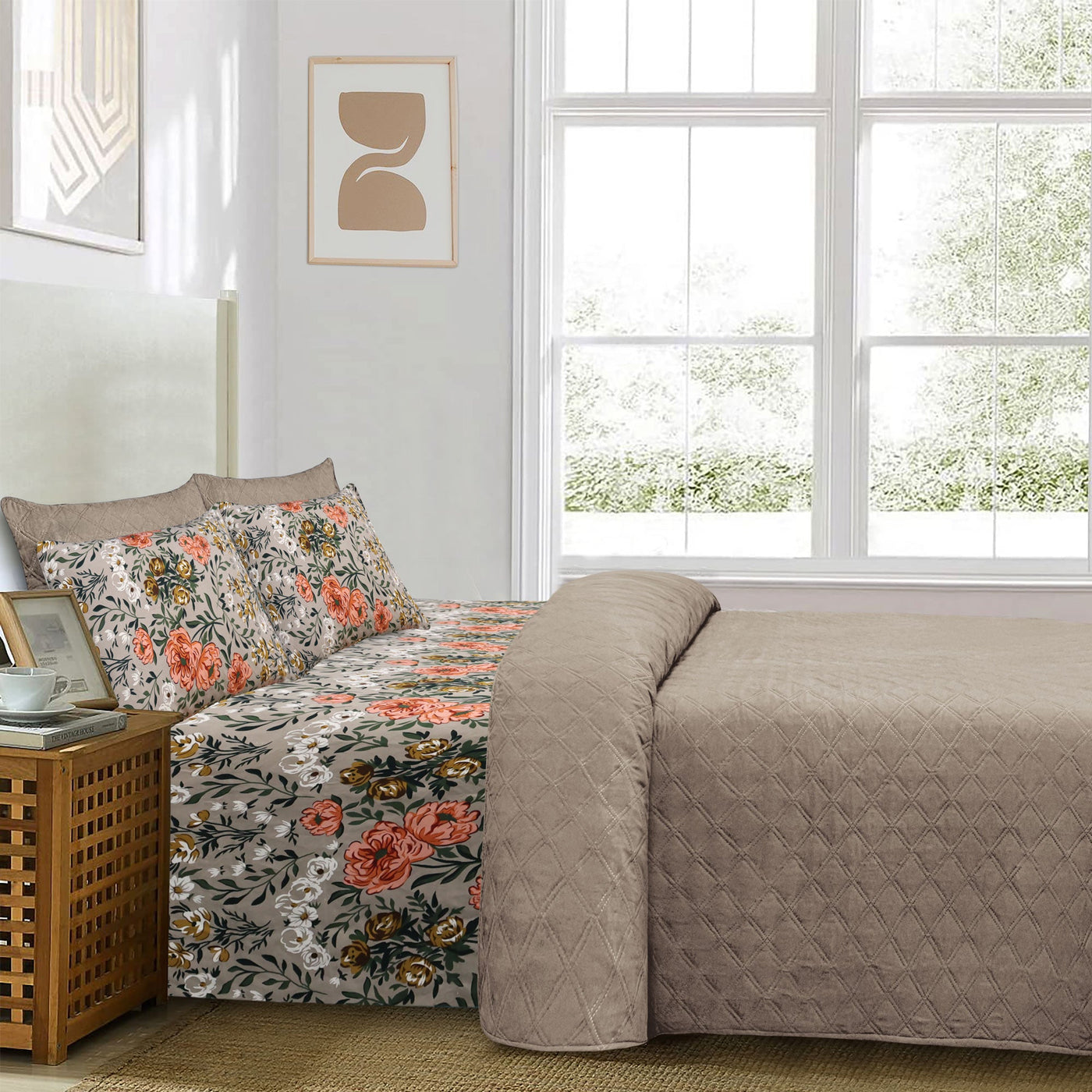 Beige 6 Pieces Microfiber Bedspread  Set