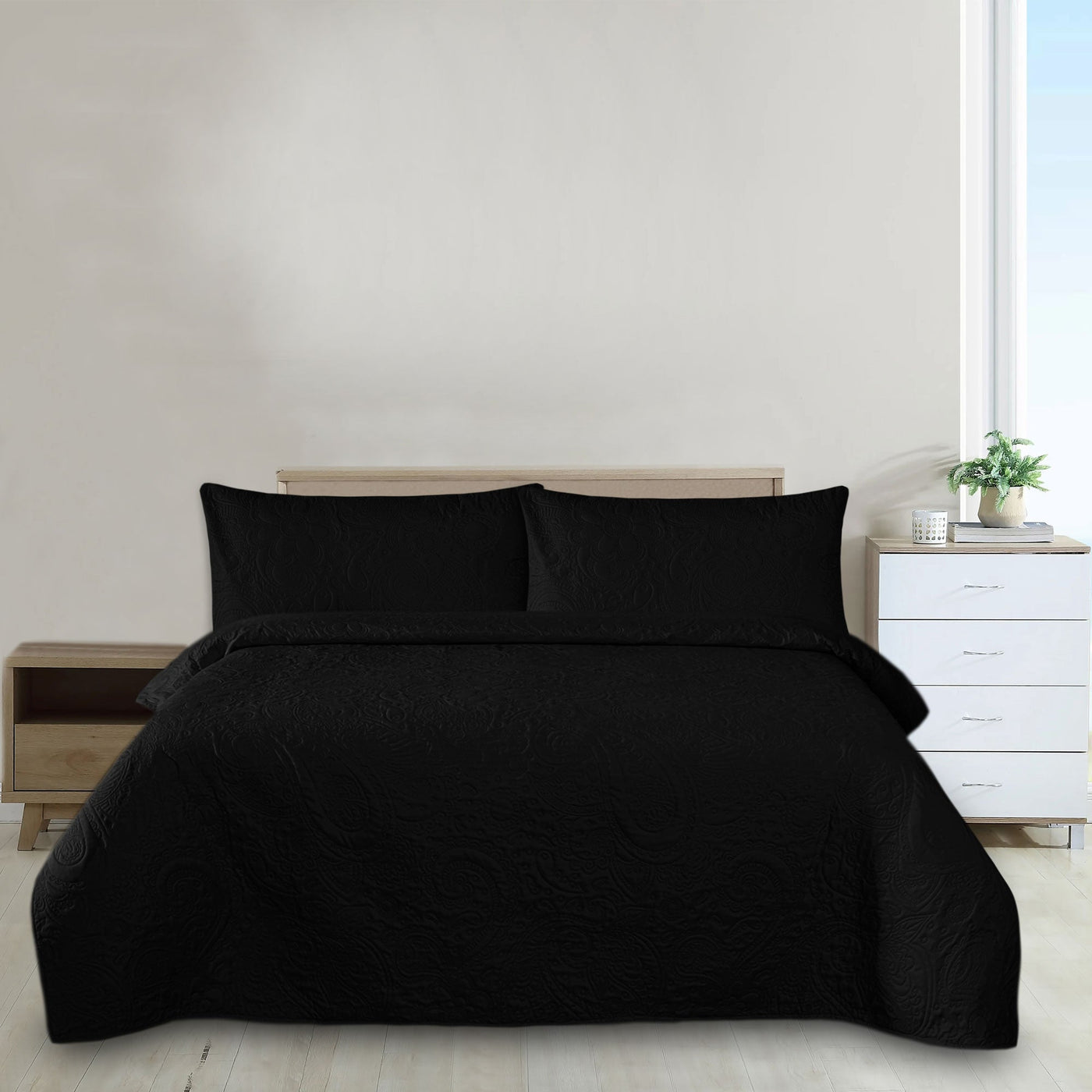 Black Microfiber 3pcs Plain Dyed Bedspread set