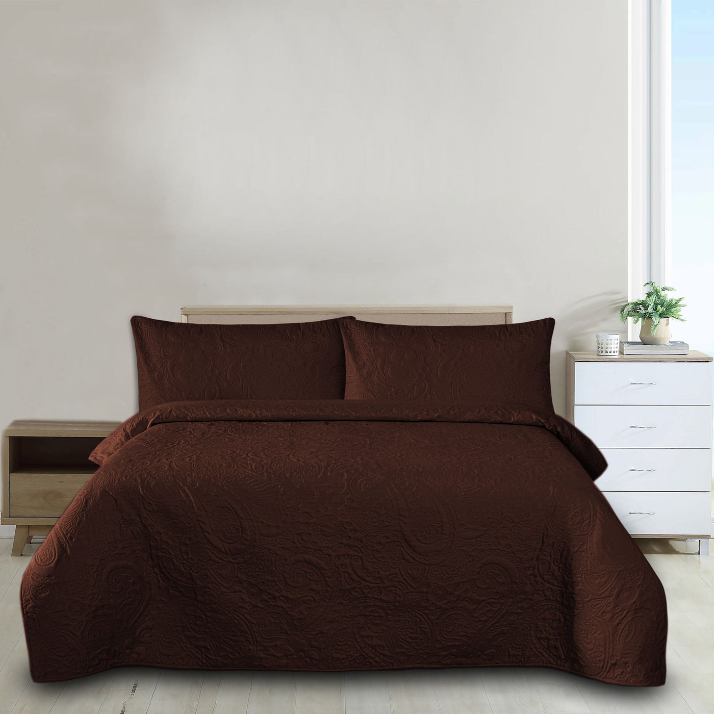 Brown Microfiber 3pcs Plain Dyed Bedspread set