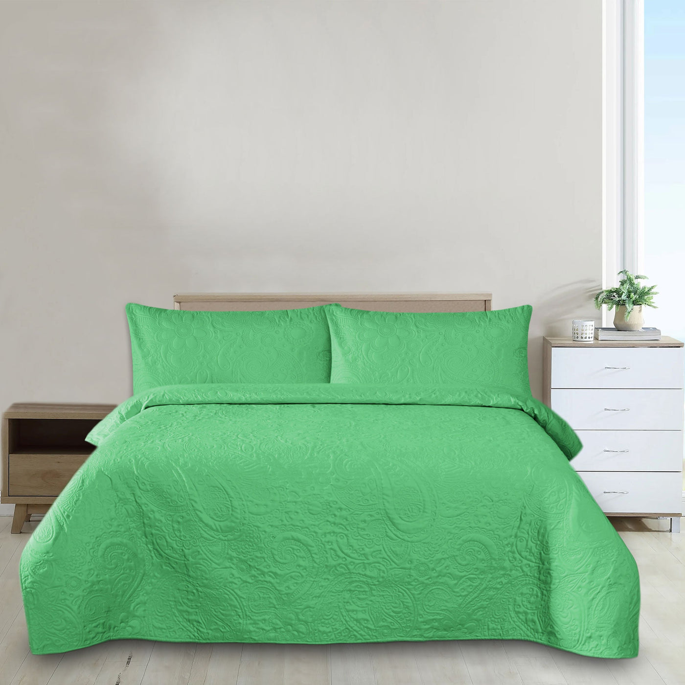 Light Green Microfiber 3pcs Plain Dyed Bedspread set
