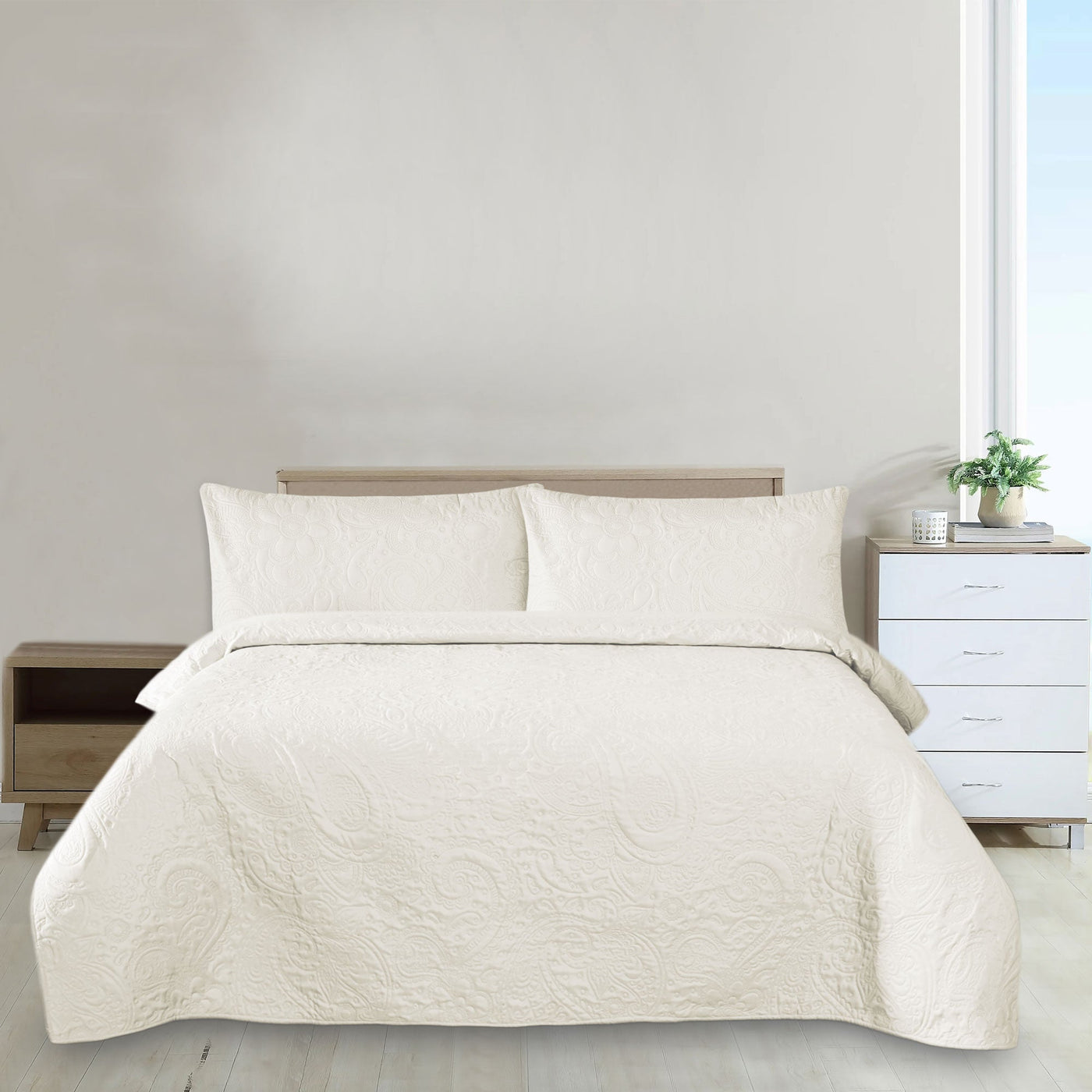 White Microfiber 3pcs Plain Dyed Bedspread set